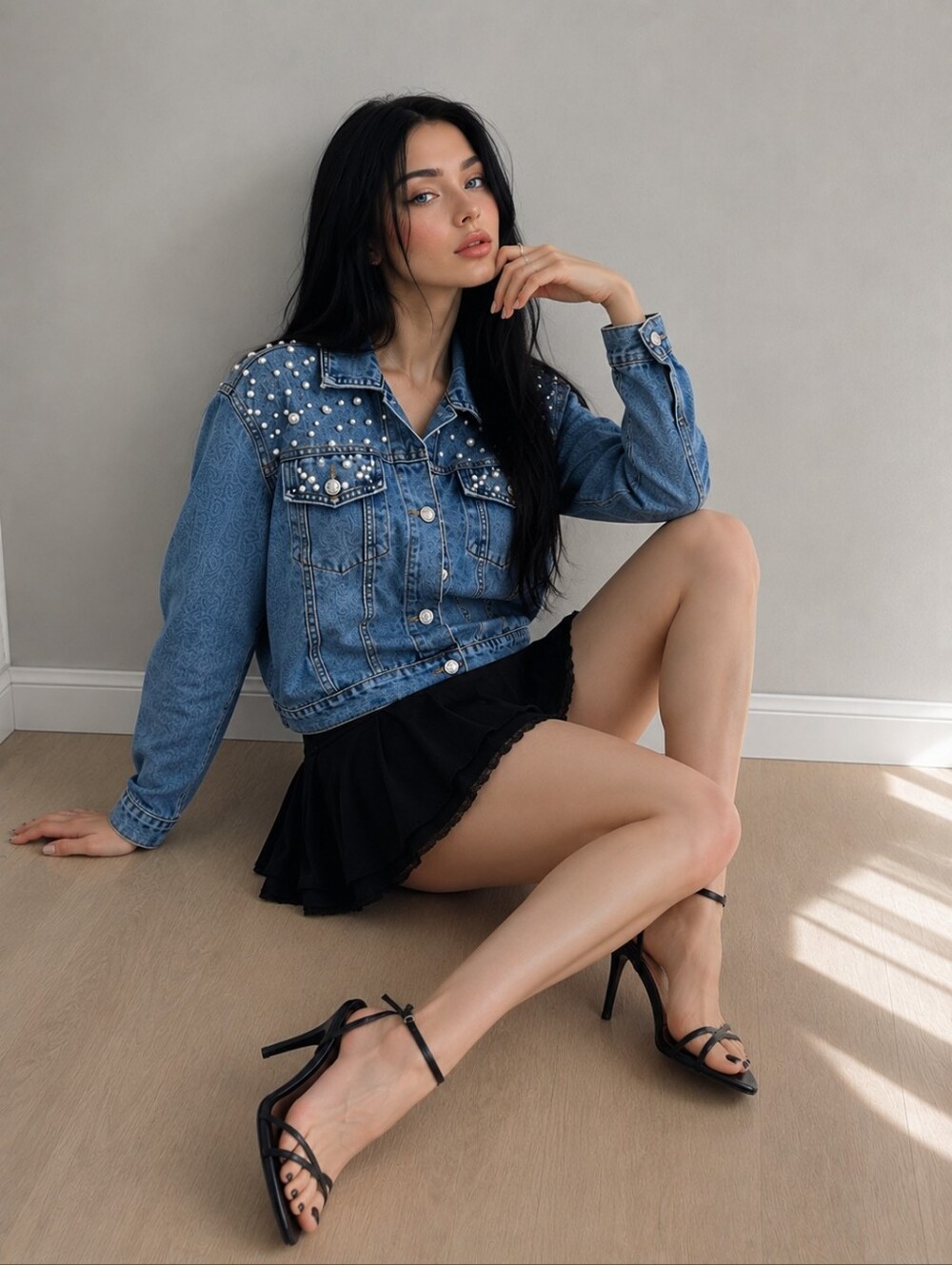Pearl Embellished Denim Jacket XL | Coquette Y2K Glam Light Wash Jean Jacket